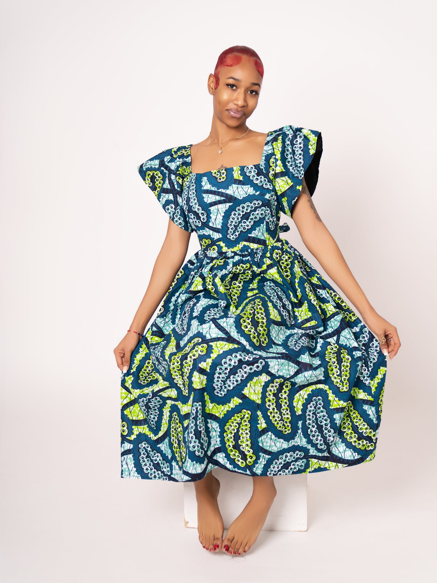 Amara Ankara Print Midi Dress - Teal Green