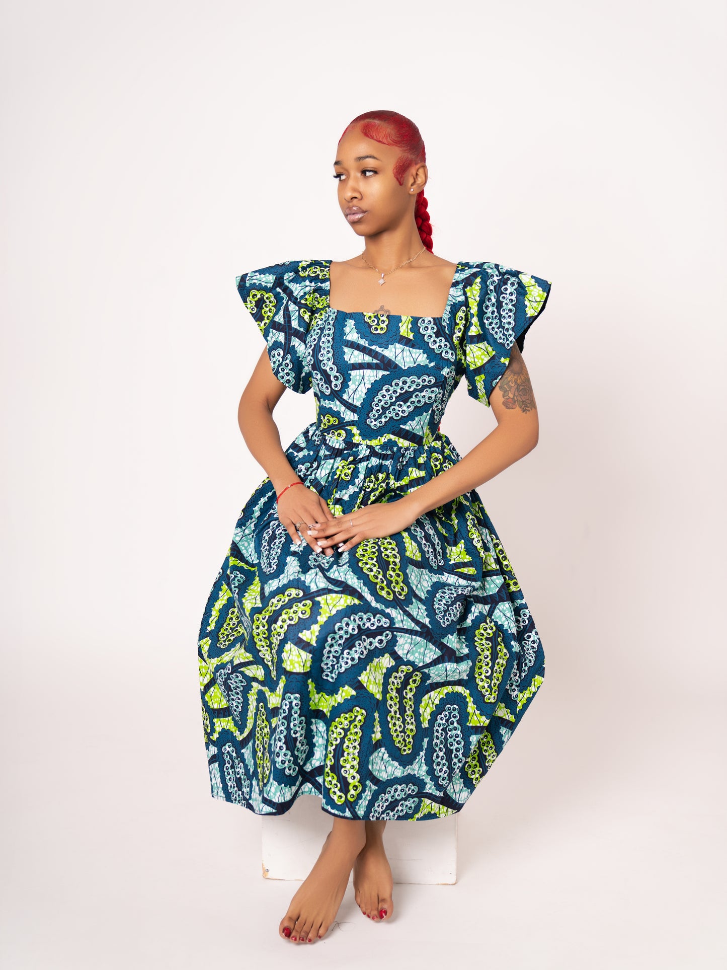 Amara Ankara Print Midi Dress - Teal Green
