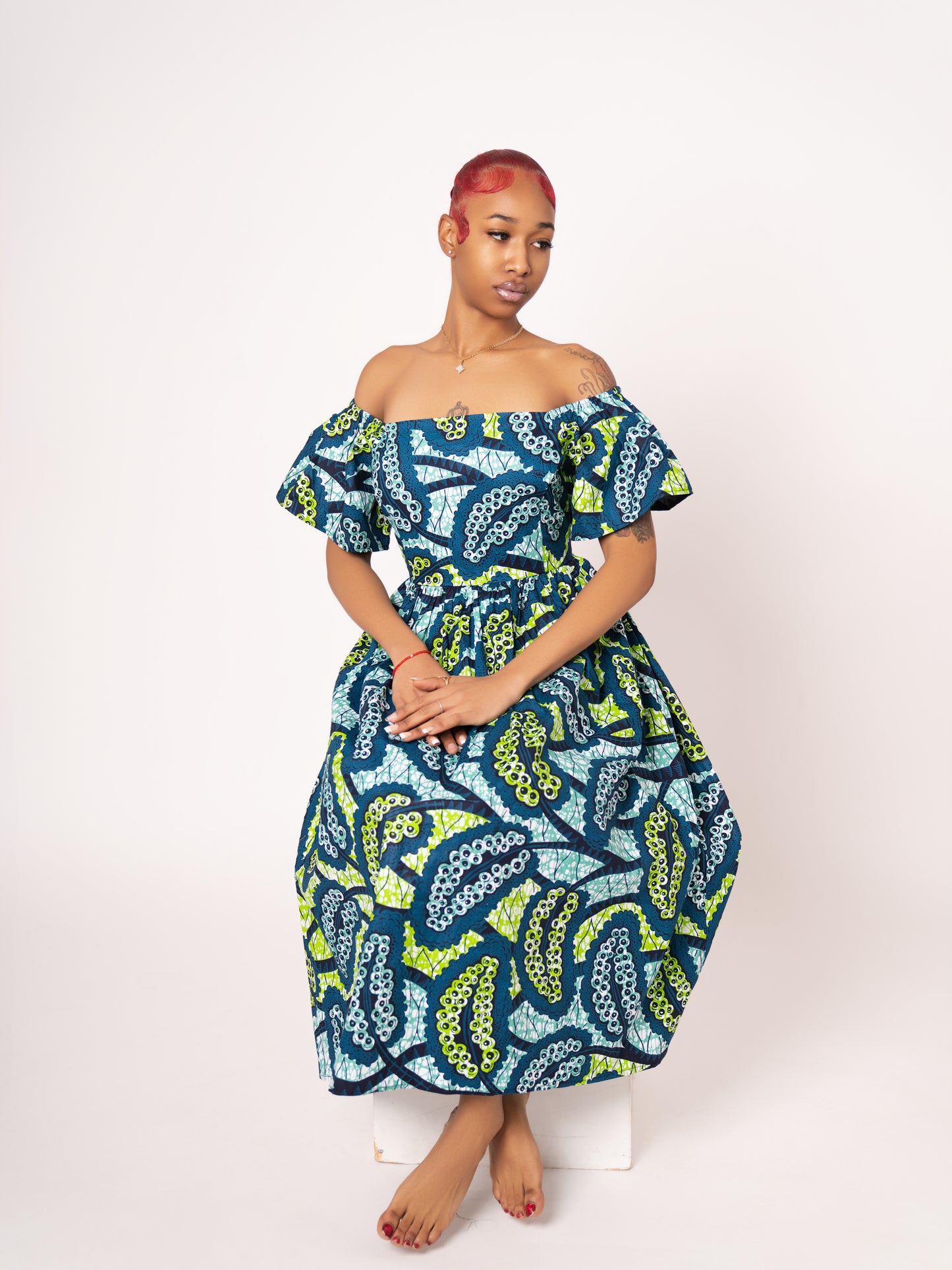 Amara Ankara Print Midi Dress - Teal Green