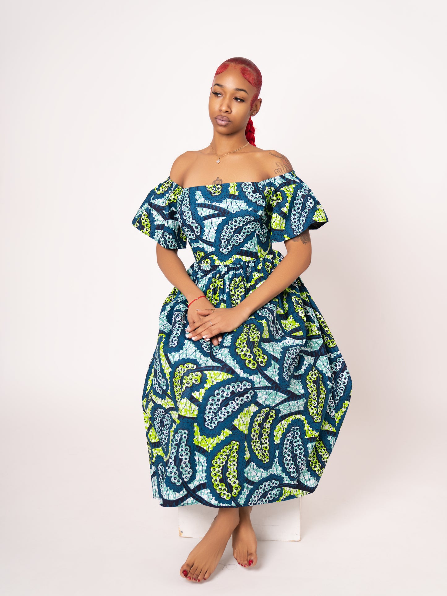 Amara Ankara Print Midi Dress - Teal Green