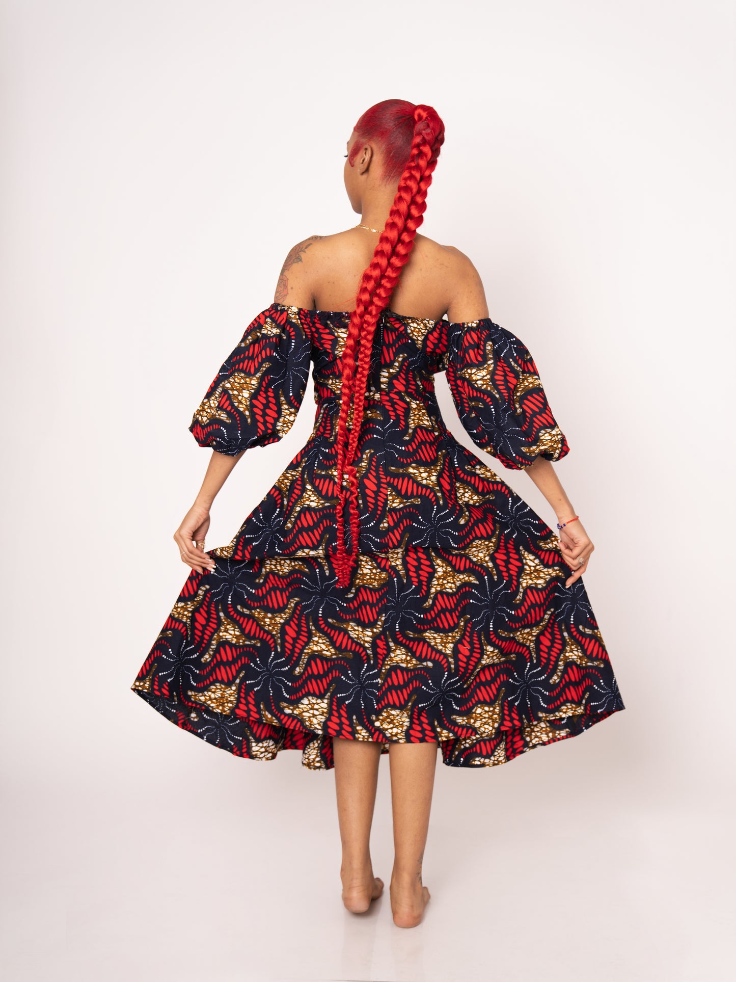 Sade Ankara Print Midi Dress - Red Brown Black