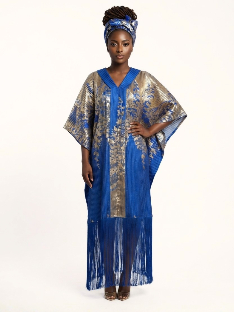 Adanna Tassel Bubu with Headwrap | Blue & Gold