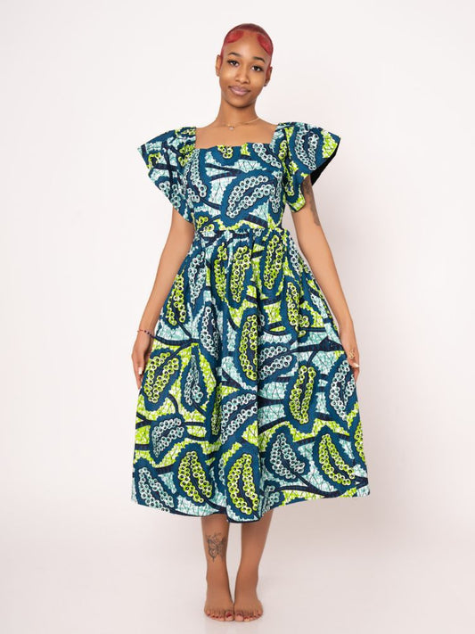 Amara Ankara Print Midi Dress - Teal Green