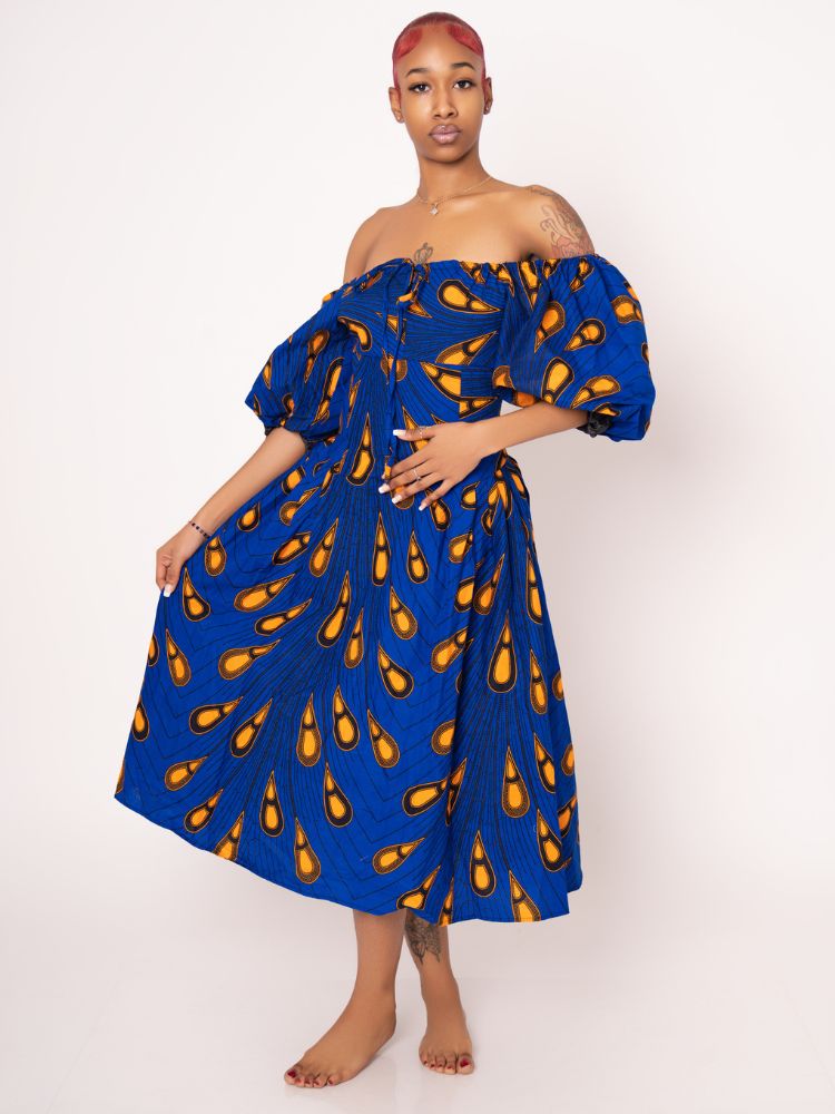 Sade Ankara Print Midi Dress - Blue Yellow